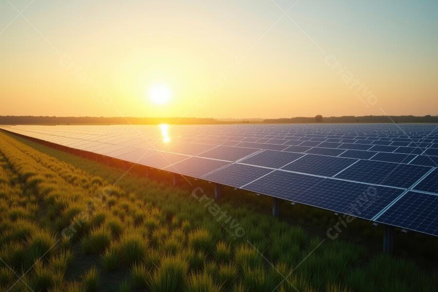 Foto Painéis Solares Campo Pôr do Sol Energia Renovável