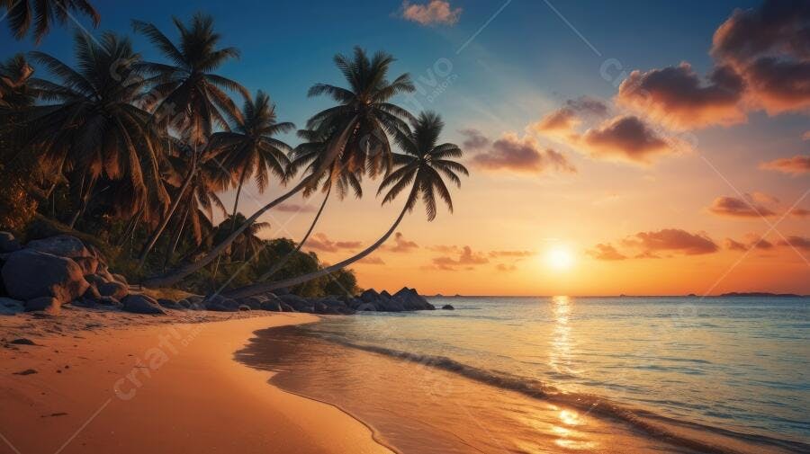 Foto Praia Tropical Coqueiros Pôr do Sol Dourado Paisagem