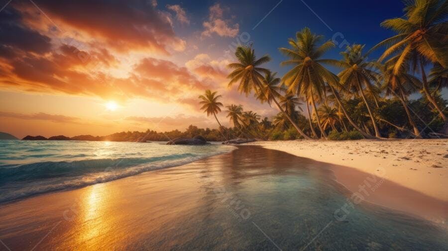 Foto Praia Tropical Pôr do Sol Coqueiros Mar Ondas