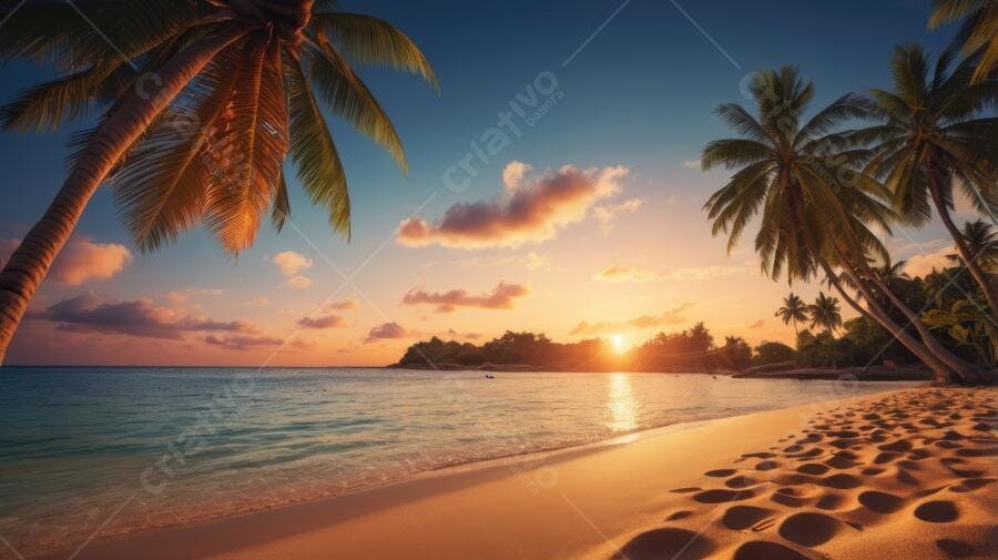 Foto Praia Tropical Pôr do Sol Coqueiros Areia Dourada Mar Azul
