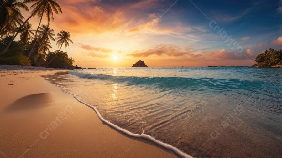 Foto Praia Tropical Pôr do Sol Coqueiros Mar Azul