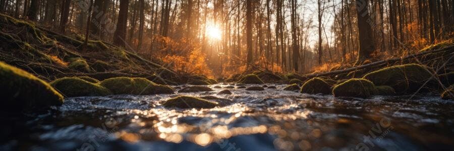 Foto Rio Floresta Outono Iluminação Dourada Pôr do Sol