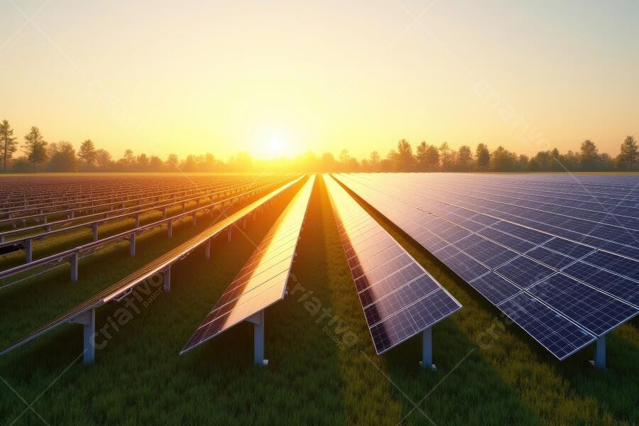 Foto Painéis Solares Campo Aberto Pôr do Sol Energia Limpa