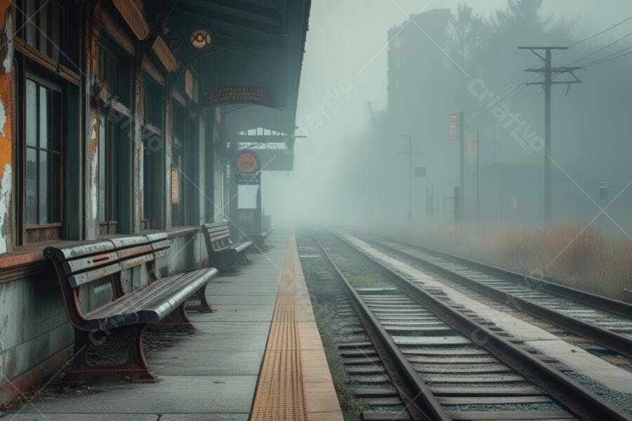 Foto Estação de Trem Abandonada Trilhos Neblina Manhã
