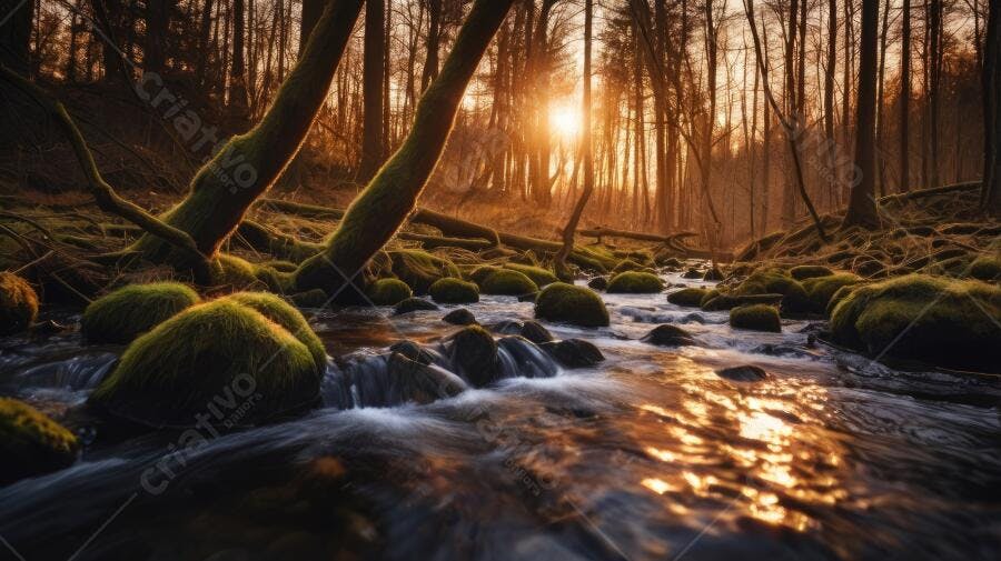 Foto Rio Floresta Outono Pôr do Sol Dourado Natureza