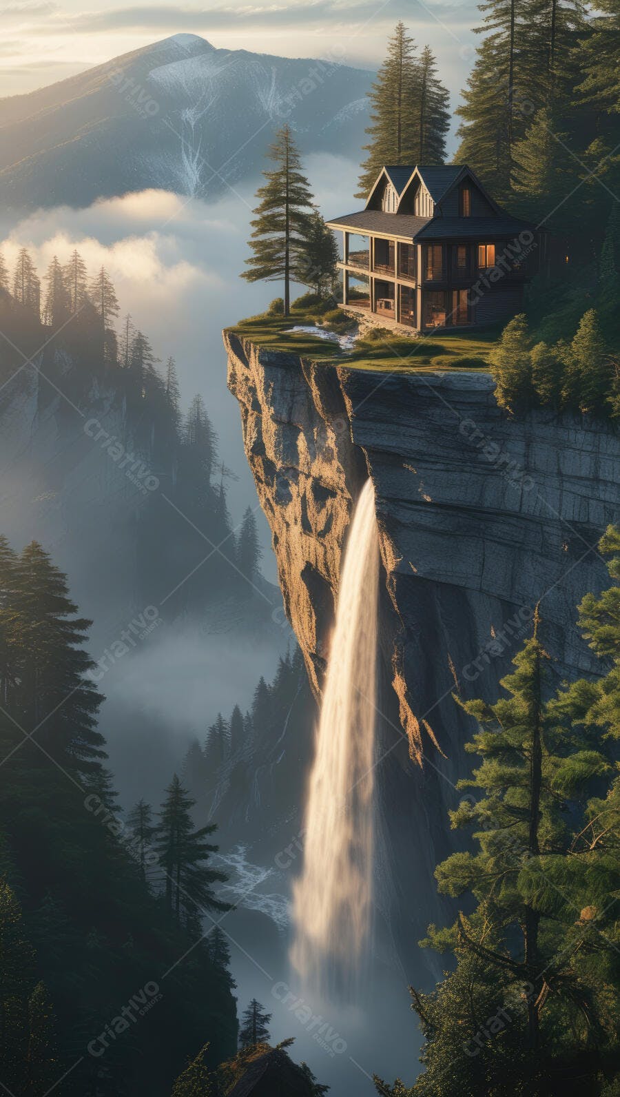 Foto Cabana na Montanha com Cachoeira e Névoa ao Amanhecer