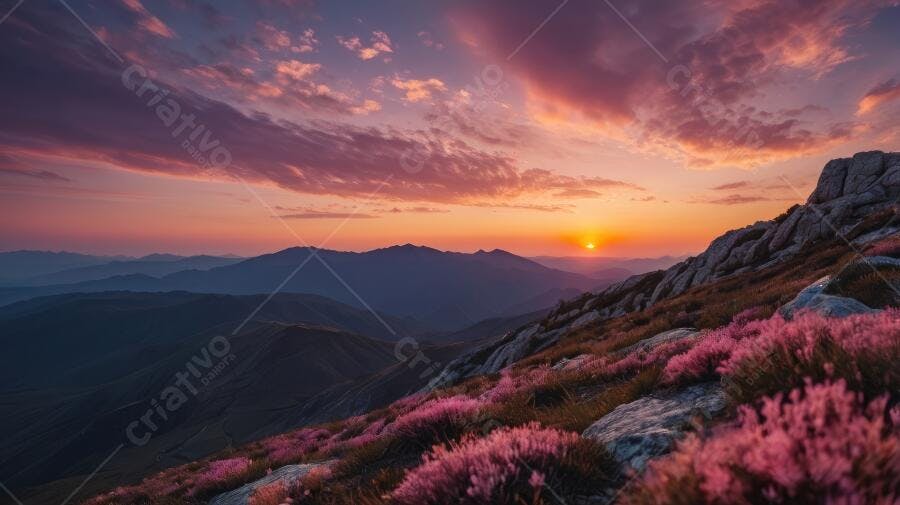 Foto Montanhas Pôr do Sol Flores Rosas Paisagem Natural