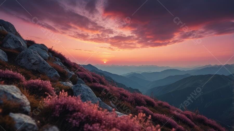 Foto Paisagem Montanha Pôr do Sol Flores Roxas Céu Dramático
