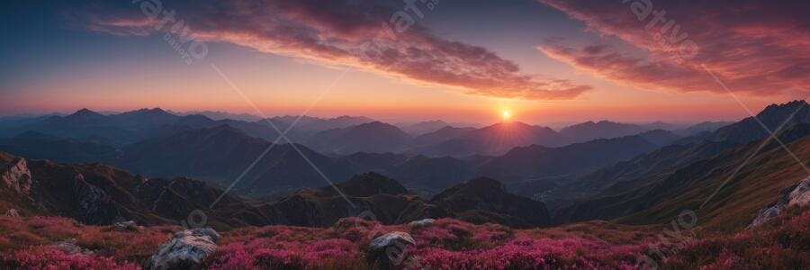 Foto Panorâmica Montanhas Pôr do Sol Flores Rosas Paisagem