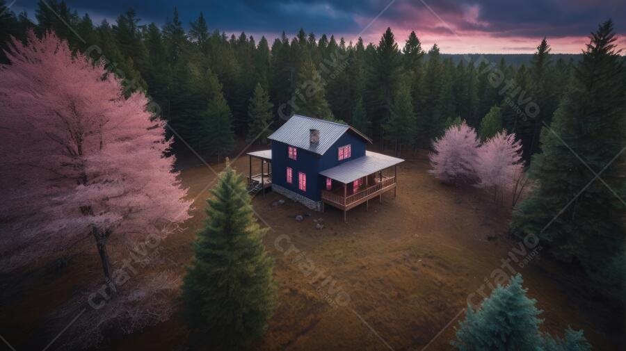 Foto Aérea Cabana Floresta Árvores Rosas Pôr do Sol