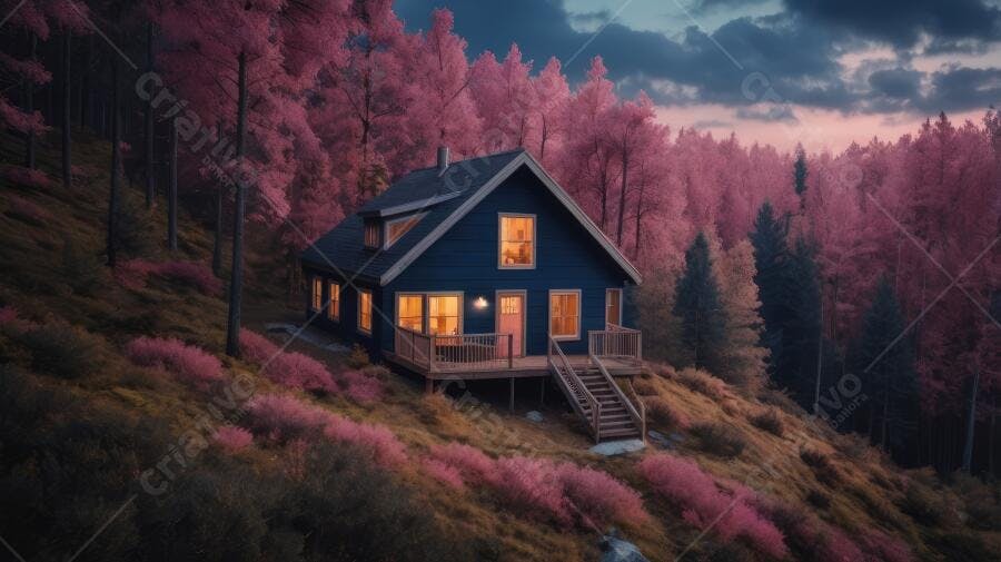 Foto Casa Azul Montanha Floresta Rosa Outono Noturno