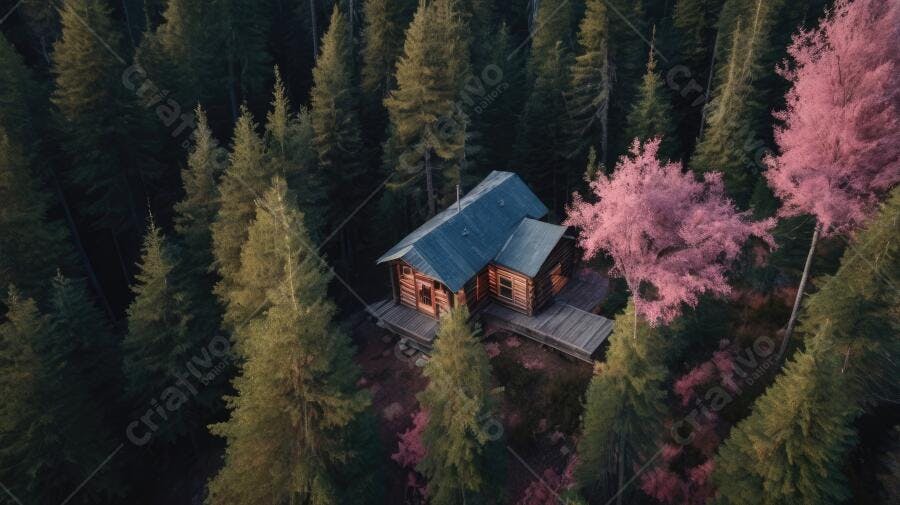 Foto Aérea Cabana Floresta Pinheiros Árvores Rosas Outono
