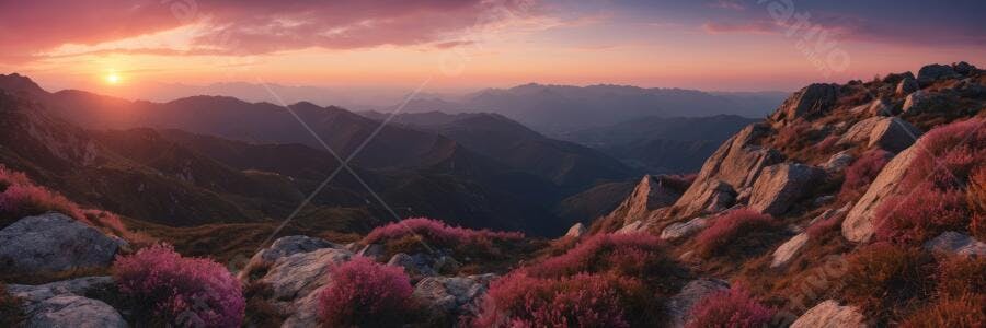 Foto Montanhas Pôr do Sol Flores Roxas Paisagem Panorâmica