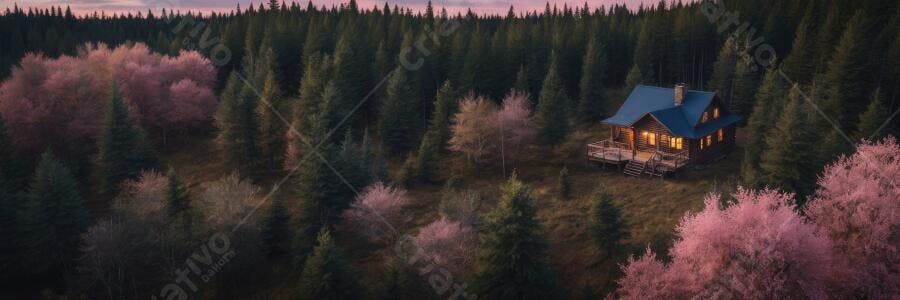 Foto Cabana Floresta Árvores Rosas Entardecer