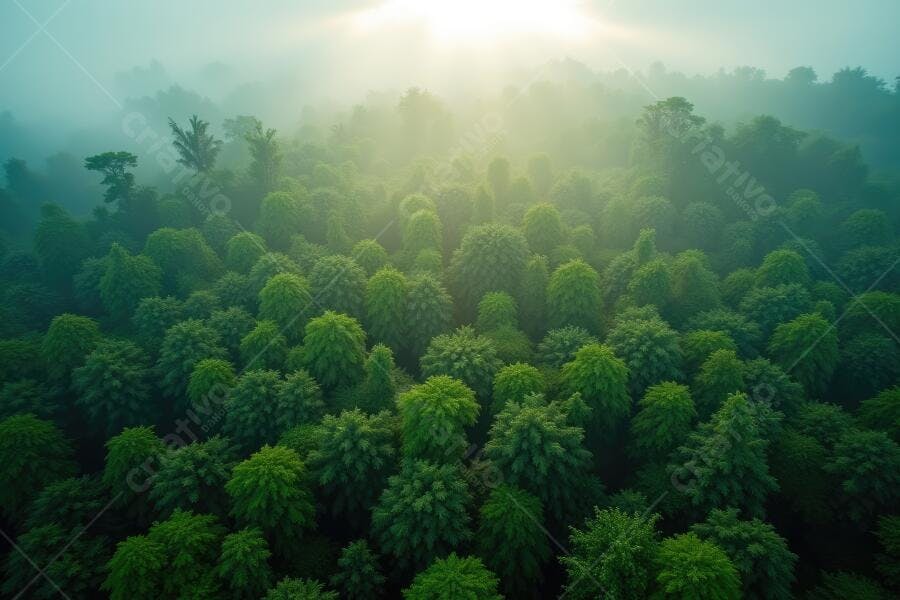Foto Aérea Floresta Tropical Verde Neblina Sol Nascente