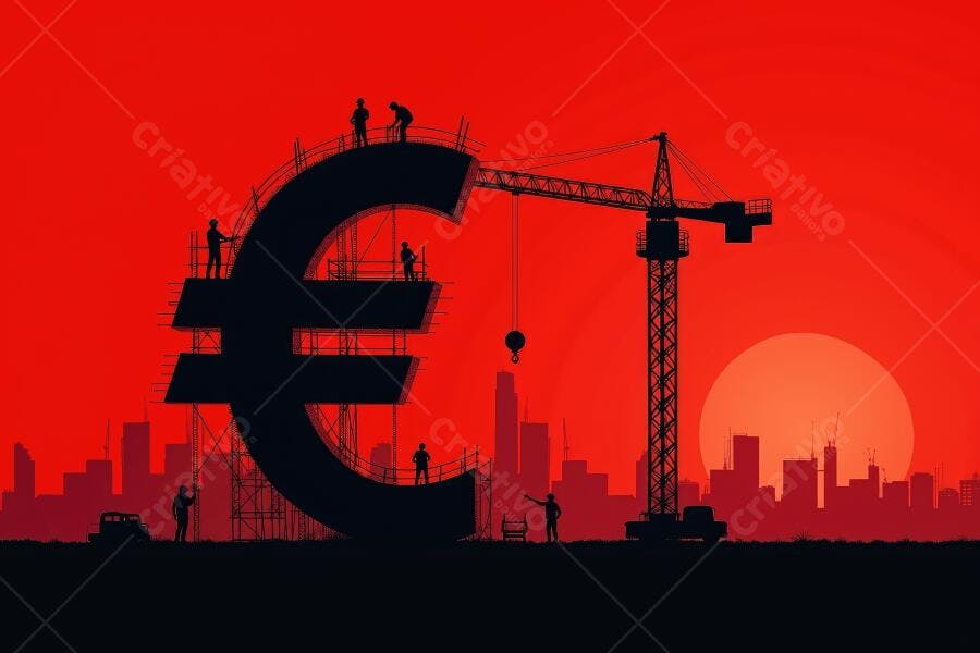 Ilustração Construção Símbolo Euro Guindaste Cidade Pôr do Sol