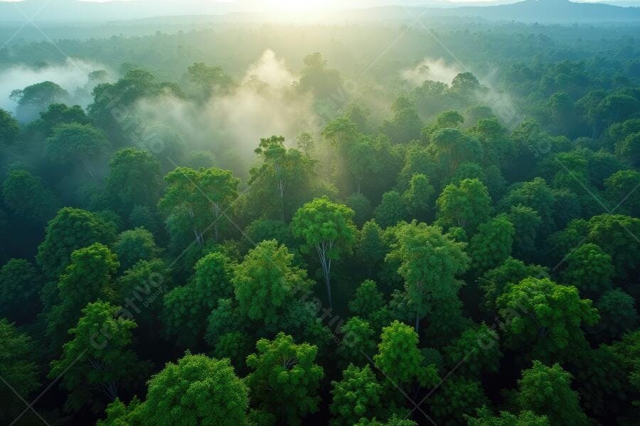 Foto Aérea Floresta Tropical Amazônica Neblina Amanhecer