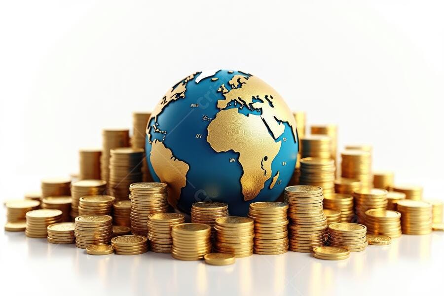 Foto Globo Terrestre com Pilhas de Moedas Douradas Finanças