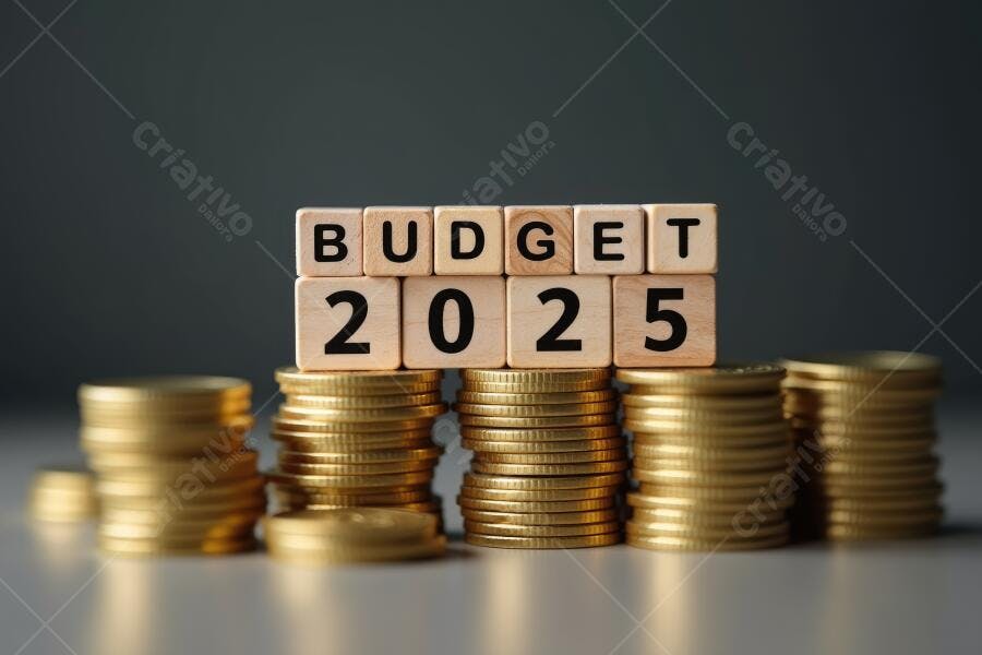 Foto Cubos de Madeira Budget 2025 Pilhas de Moedas