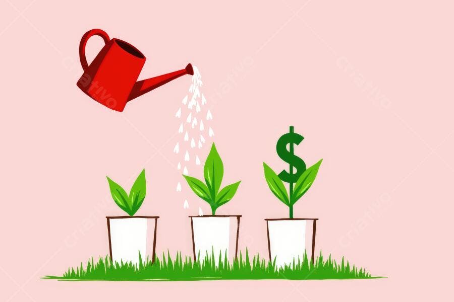 Ilustração Regador Regando Plantas com Símbolo de Dólar Crescimento Financeiro