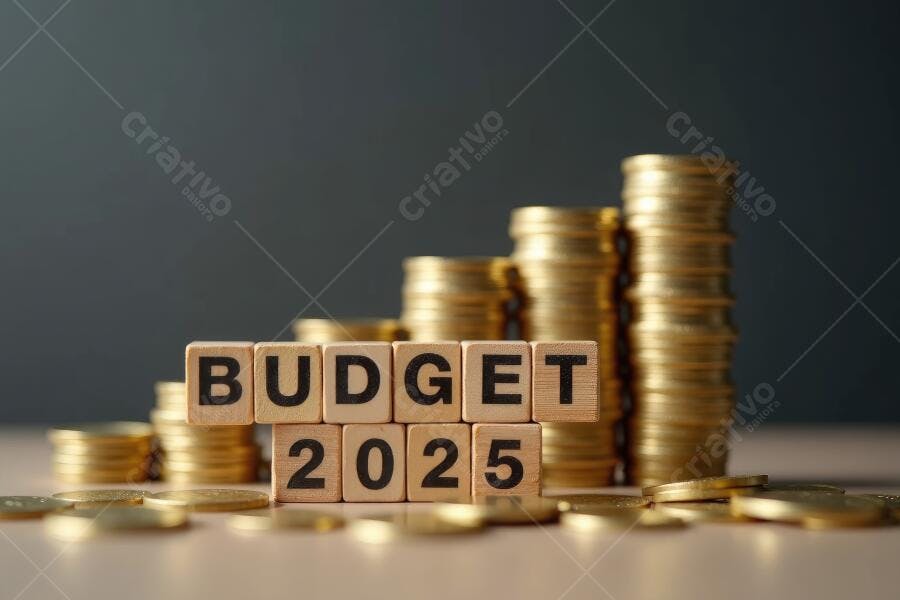 Foto Cubos de Madeira Budget 2025 com Pilhas de Moedas
