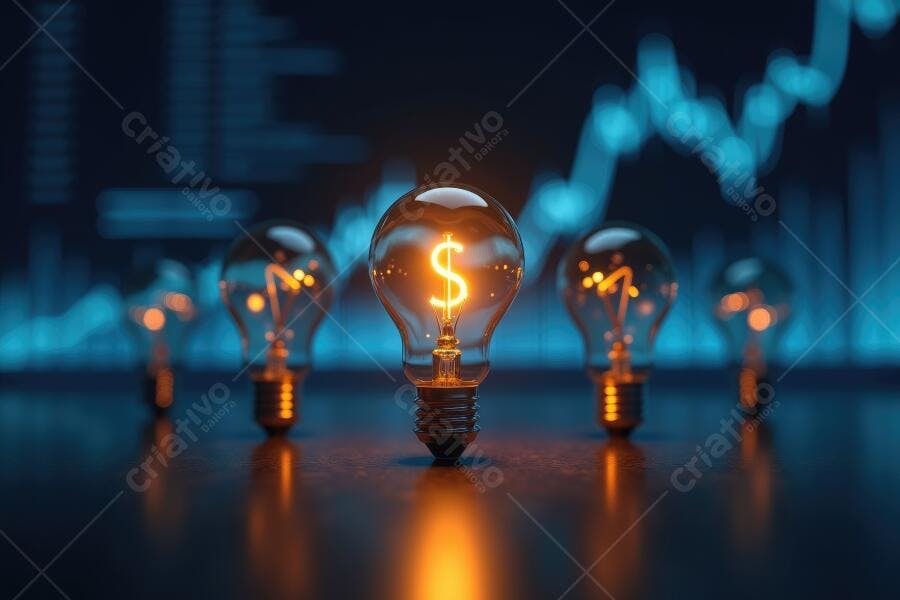 Foto Lâmpada Ideia Dinheiro Gráfico Financeiro Fundo Escuro