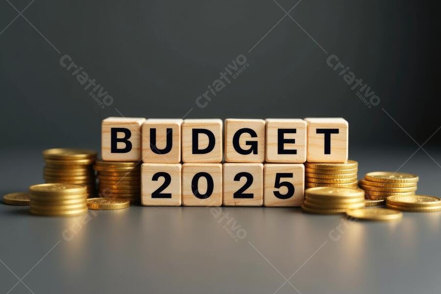 Foto Cubos de Madeira Orçamento 2025 Moedas Douradas Finanças