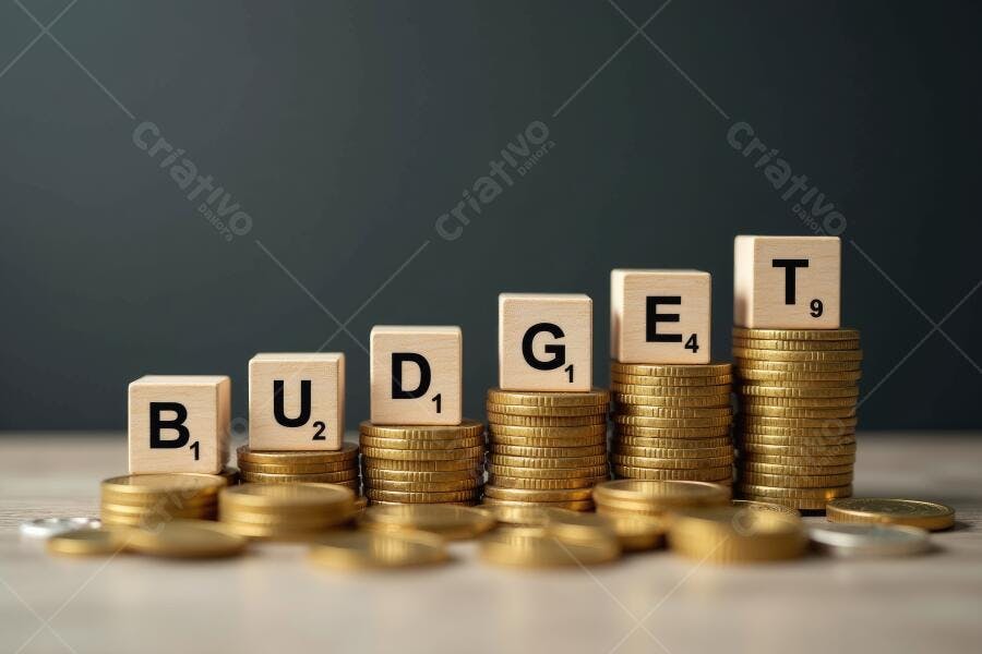 Foto Cubos Letras BUDGET Empilhados Moedas Crescimento Financeiro