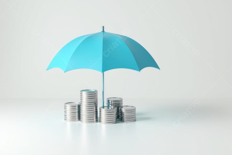 Foto Guarda-chuva Azul Protegendo Pilhas de Moedas Fundo Branco