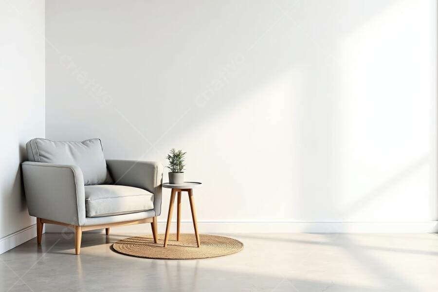 Foto Ambiente Minimalista Poltrona Cinza Mesa Lateral Planta