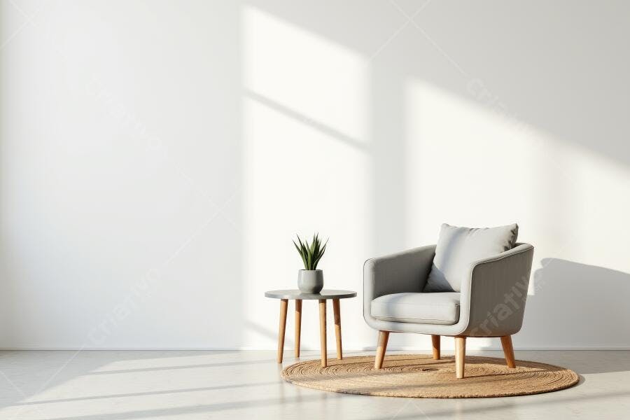 Foto Poltrona Cinza Mesa Lateral Planta Decoração Minimalista