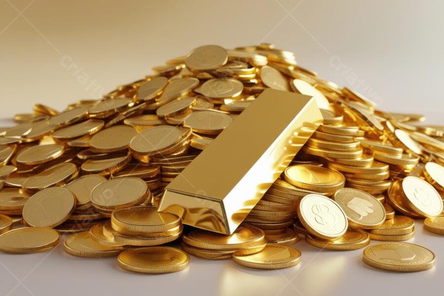 Foto Barra de Ouro e Moedas Douradas Riqueza Finanças