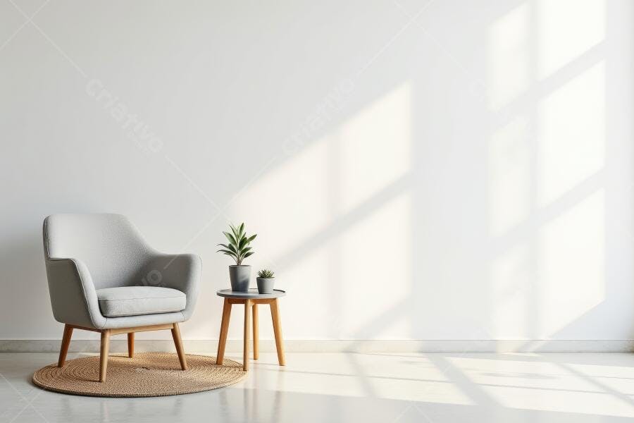 Foto Cadeira Poltrona Cinza Mesa Lateral Planta Decoração Minimalista