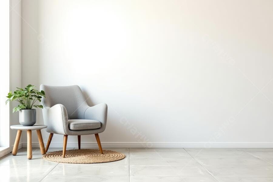 Foto Sala Vazia Poltrona Cinza Planta Decoração Minimalista