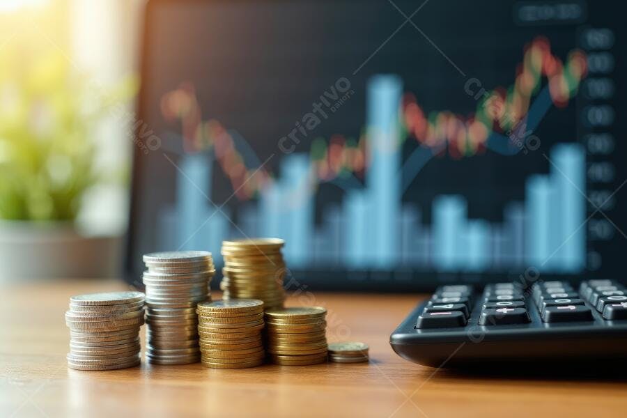 Foto Pilhas de Moedas Calculadora Gráfico Financeiro Investimento