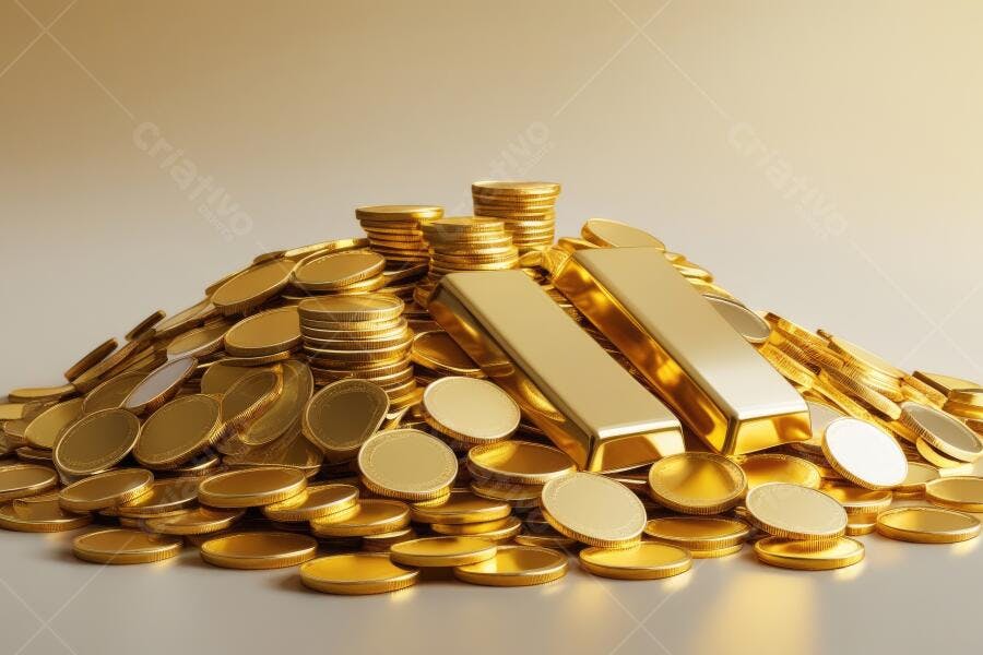 Foto Pilha de Moedas e Barras de Ouro Fundo Dourado Brilhante