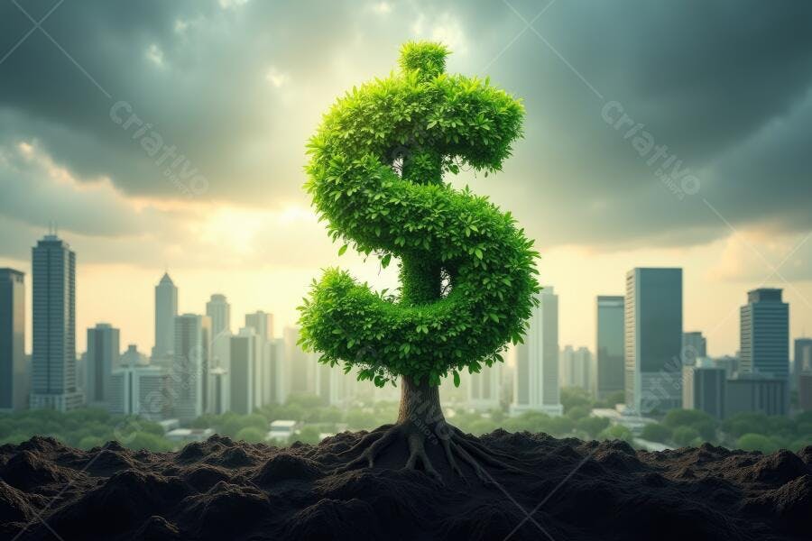 Foto Símbolo Dólar Verde Crescendo Cidade Fundo Nublado