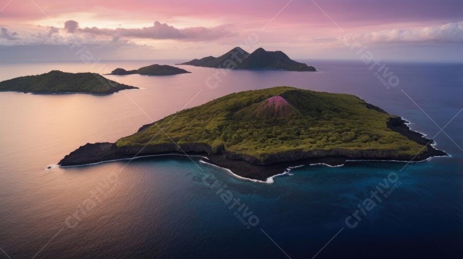 Foto Aérea Ilhas Tropicais Vulcân Oceano Pôr do Sol