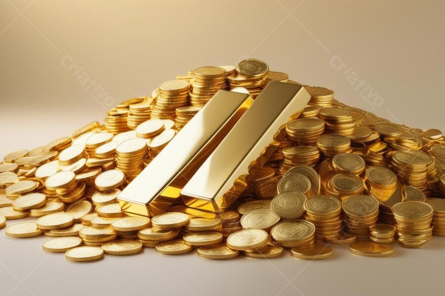 Foto Barras de Ouro e Moedas Acumuladas Riqueza Investimento