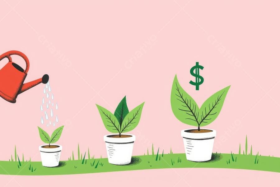 Ilustração Crescimento Financeiro Regando Planta Dinheiro