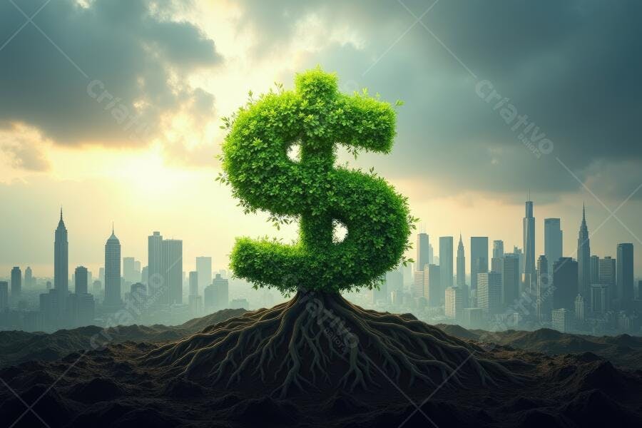Foto Símbolo Dólar Verde Crescendo Cidade ao Pôr do Sol