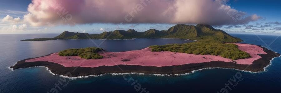 Foto Aérea Ilha com Praia Rosa e Montanhas Tropicais