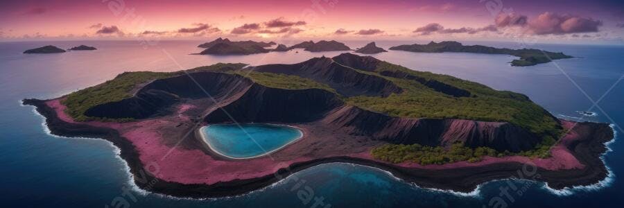 Foto Aérea Ilha Vulcânica Lago Azul Pôr do Sol
