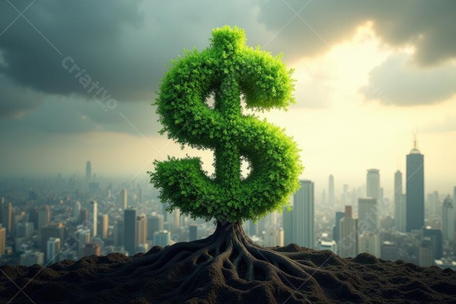 Foto Símbolo Dólar Verde Crescendo Cidade Fundo Nublado