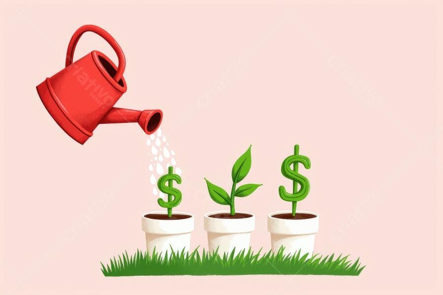 Ilustração Regador Vermelho Regando Plantas Símbolo Dólar Crescimento