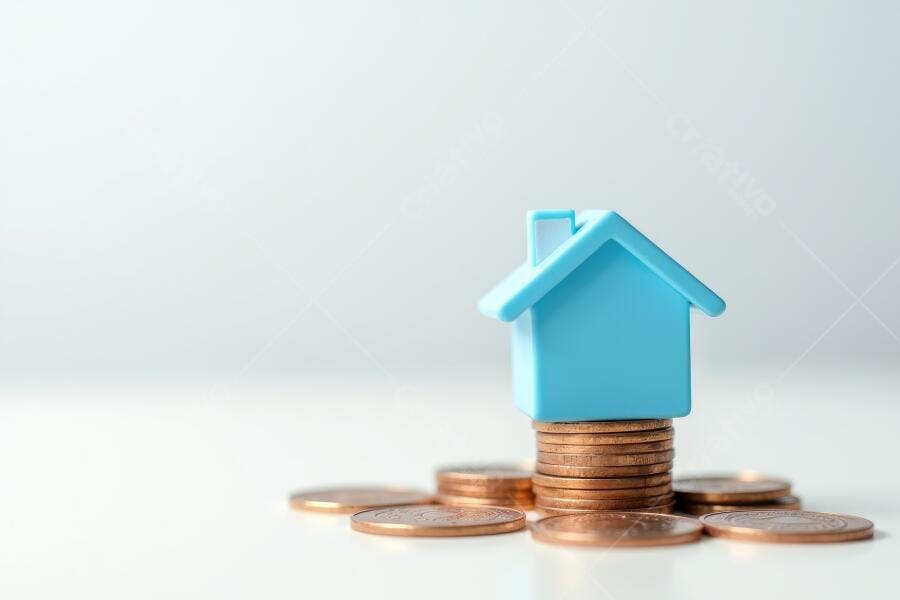 Foto Casa Miniatura Azul Moedas Economia Imobiliária