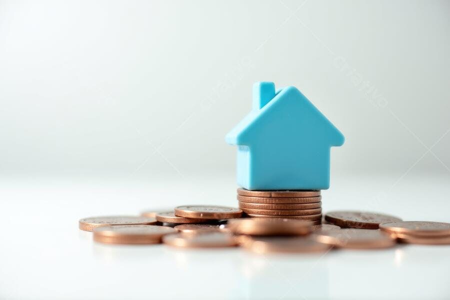 Foto Casa Azul Miniatura Moedas Fundo Branco Imobiliário