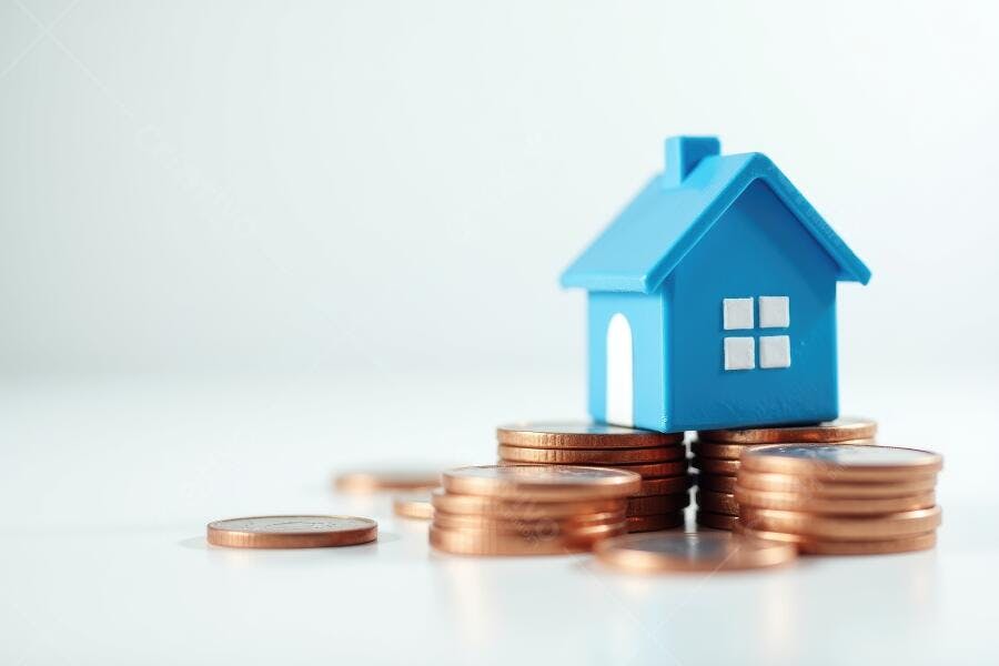 Foto Casa Azul Miniatura Moedas Empilhadas Investimento Imobiliário