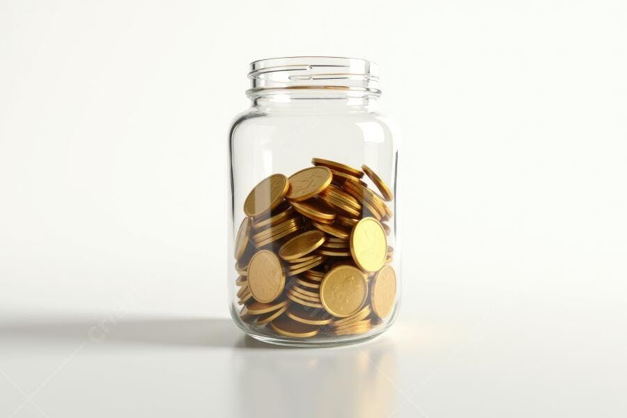 Foto Moedas de Ouro Pote de Vidro Fundo Branco Economia