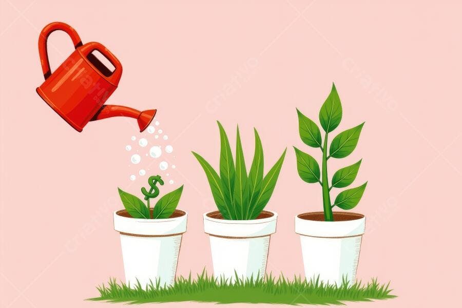 Ilustração Regador Vermelho Regando Planta Dinheiro Crescimento